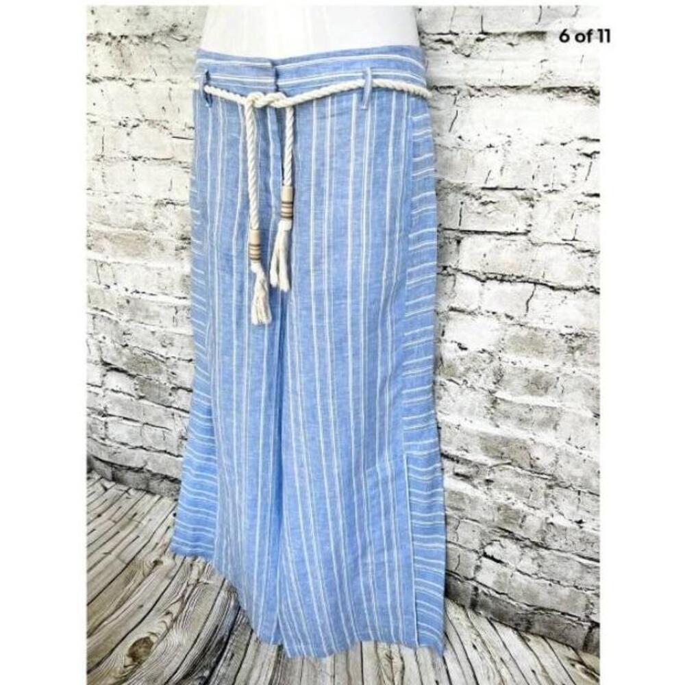 Anthropologie Pants Womens US 10 Light Blue Striped Wide Leg Tassel Belt Linen - Picture 7 of 10